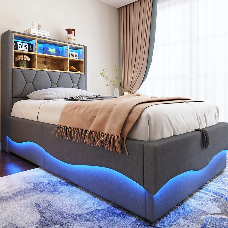 Redom Lit 90x200 cm avec rangement hydraulique et éclairage LED pilotable, tête de lit avec port USB