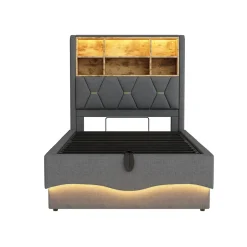 Redom Lit 90x200 cm avec rangement hydraulique et éclairage LED pilotable, tête de lit avec port USB