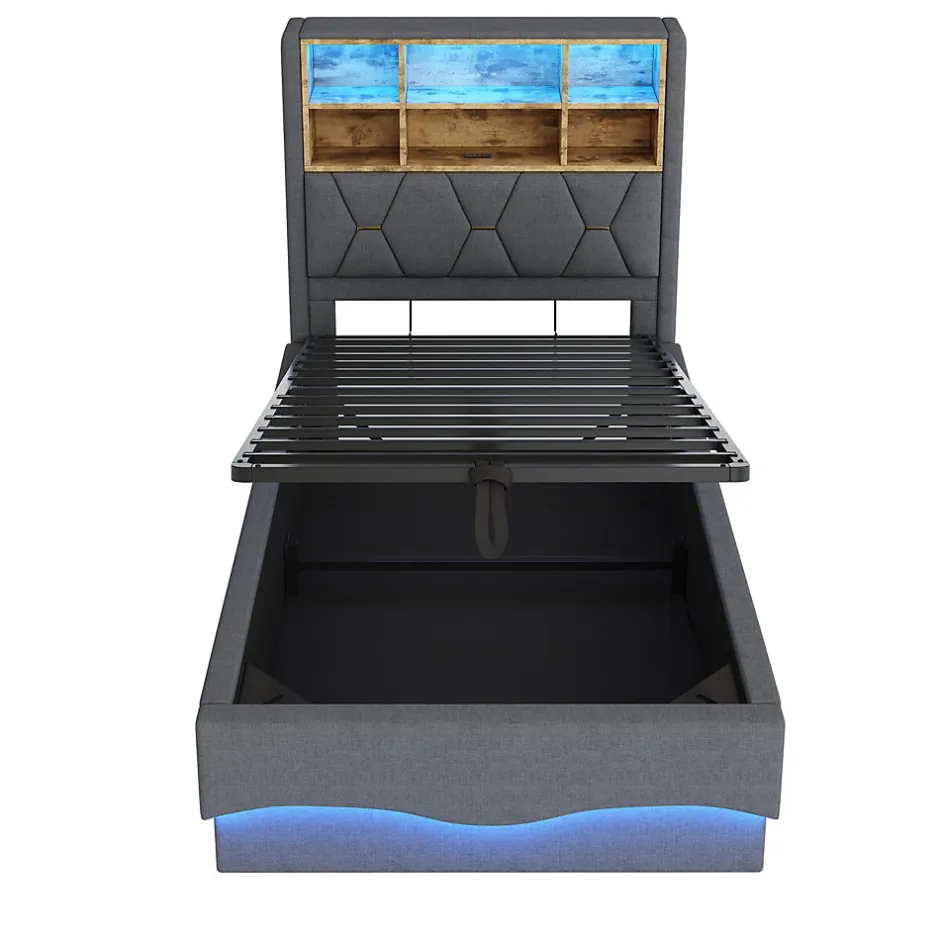 Redom Lit 90x200 cm avec rangement hydraulique et éclairage LED pilotable, tête de lit avec port USB