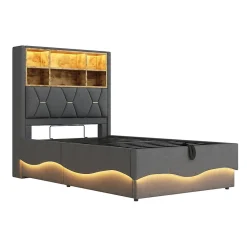Redom Lit 90x200 cm avec rangement hydraulique et éclairage LED pilotable, tête de lit avec port USB