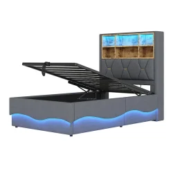 Redom Lit 90x200 cm avec rangement hydraulique et éclairage LED pilotable, tête de lit avec port USB