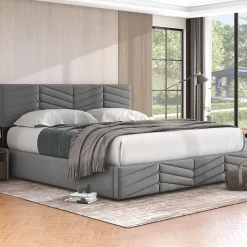 Redom Lit 160x200 cm avec rangement hydraulique, tête de lit réglable et revêtement velours gris élégant Best
