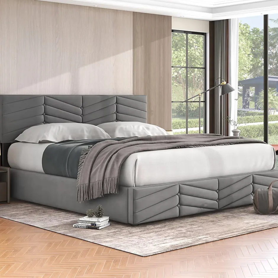 Redom Lit 160x200 cm avec rangement hydraulique, tête de lit réglable et revêtement velours gris élégant Best