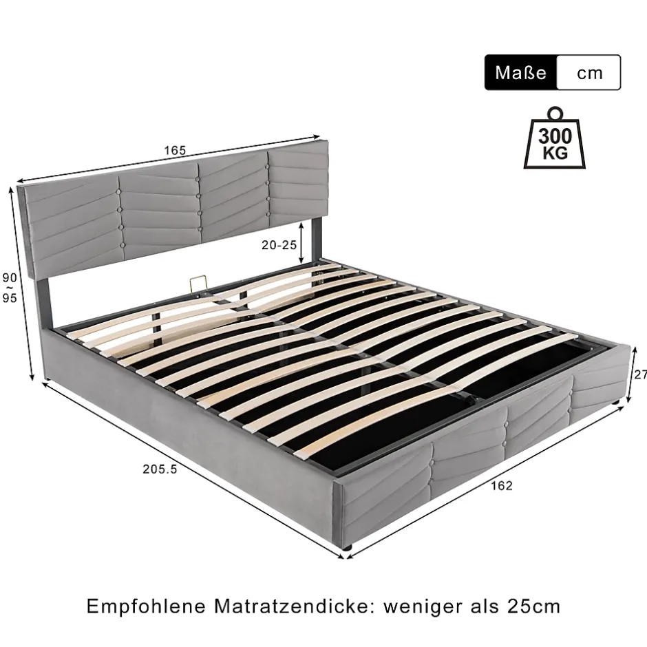 Redom Lit 160x200 cm avec rangement hydraulique, tête de lit réglable et revêtement velours gris élégant Best