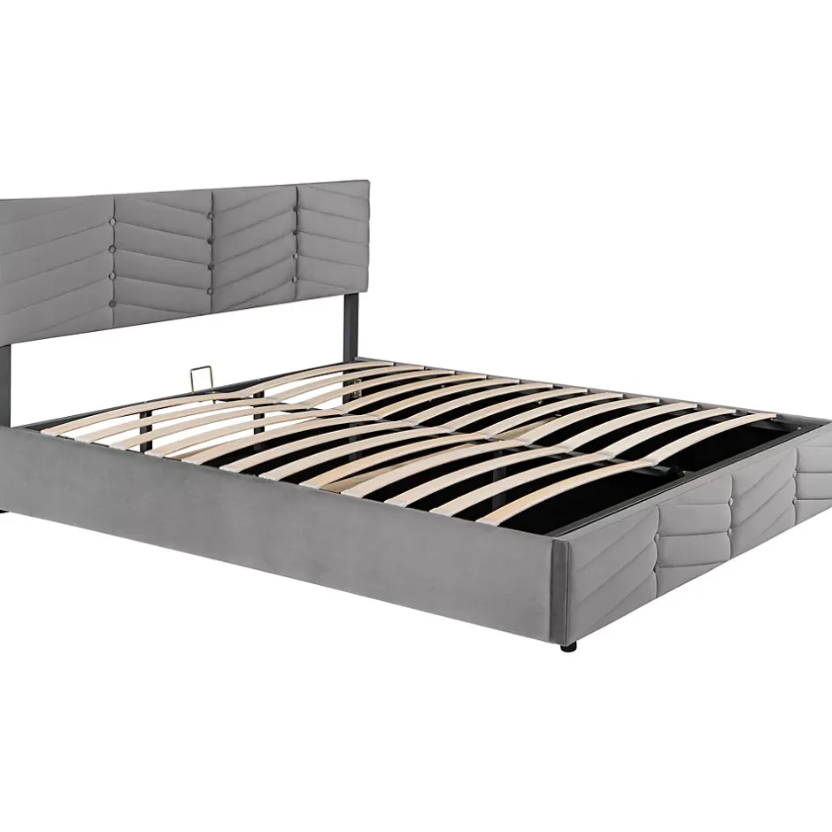 Redom Lit 160x200 cm avec rangement hydraulique, tête de lit réglable et revêtement velours gris élégant Best