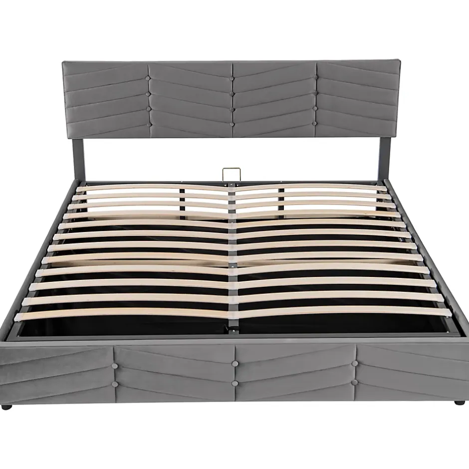 Redom Lit 160x200 cm avec rangement hydraulique, tête de lit réglable et revêtement velours gris élégant Best