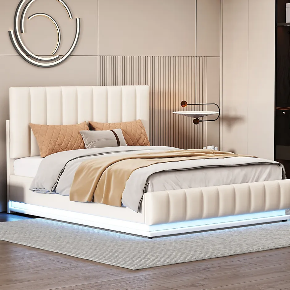 Redom Lit 140x200 cm avec rangement hydraulique et éclairage LED, tapissé similicuir blanc, tête de lit réglable