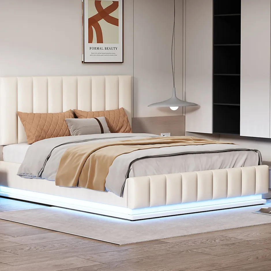 Redom Lit 140x200 cm avec rangement hydraulique et éclairage LED, tapissé similicuir blanc, tête de lit réglable