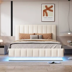 Redom Lit 140x200 cm avec rangement hydraulique et éclairage LED, tapissé similicuir blanc, tête de lit réglable