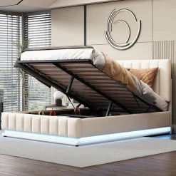 Redom Lit 140x200 cm avec rangement hydraulique et éclairage LED, tapissé similicuir blanc, tête de lit réglable