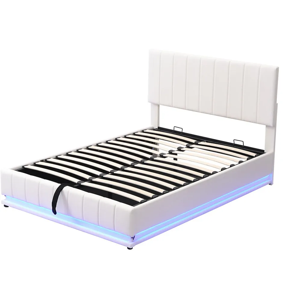 Redom Lit 140x200 cm avec rangement hydraulique et éclairage LED, tapissé similicuir blanc, tête de lit réglable