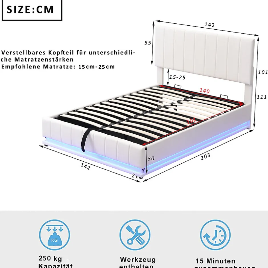 Redom Lit 140x200 cm avec rangement hydraulique et éclairage LED, tapissé similicuir blanc, tête de lit réglable