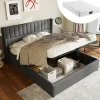 Redom Lit 140x200 cm avec rangement hydraulique, tête de lit rembourrée en lin gris et cadre bois-métal élégant
