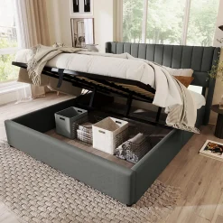 Redom Lit 140x200 cm avec rangement hydraulique, tête de lit rembourrée en lin gris et cadre bois-métal élégant