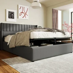 Redom Lit 140x200 cm avec rangement hydraulique, tête de lit rembourrée en lin gris et cadre bois-métal élégant