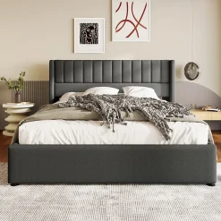 Redom Lit 140x200 cm avec rangement hydraulique, tête de lit rembourrée en lin gris et cadre bois-métal élégant