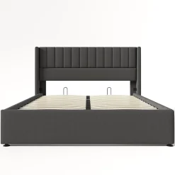 Redom Lit 140x200 cm avec rangement hydraulique, tête de lit rembourrée en lin gris et cadre bois-métal élégant