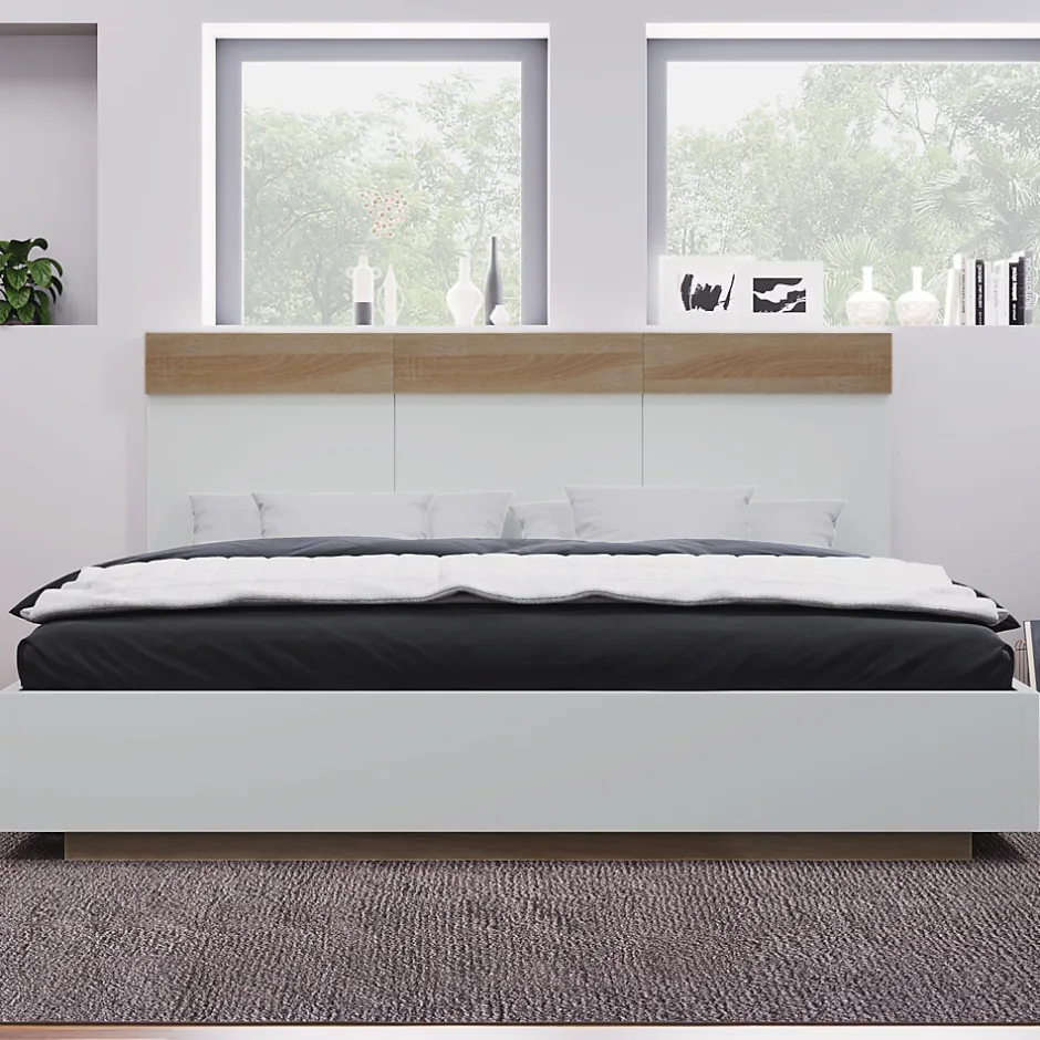 Redom Lit 180x200 cm avec rangement intégré et tête de lit décor chêne Sonoma, design flottant moderne