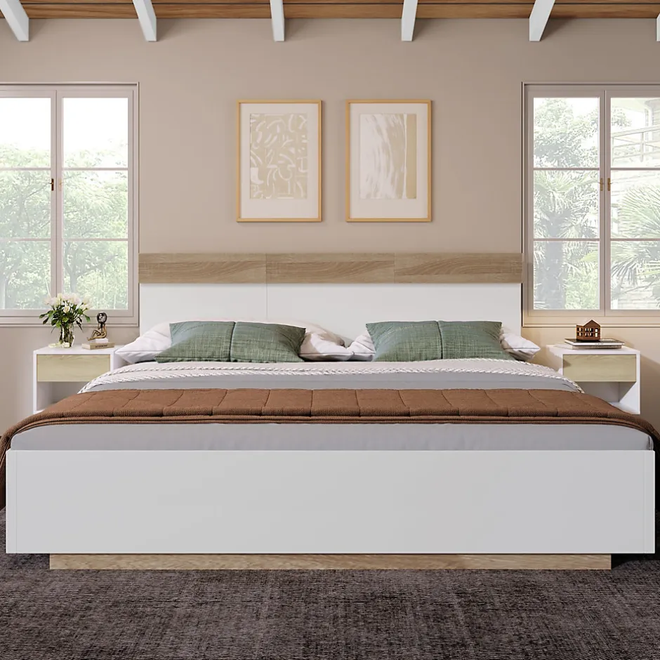 Redom Lit 180x200 cm avec rangement intégré et tête de lit décor chêne Sonoma, design flottant moderne