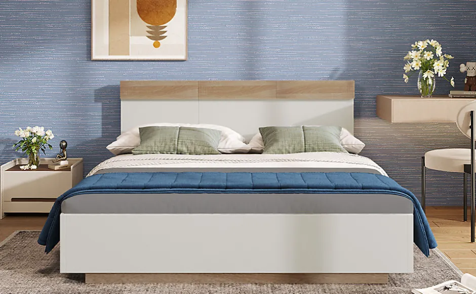 Redom Lit 180x200 cm avec rangement intégré et tête de lit décor chêne Sonoma, design flottant moderne