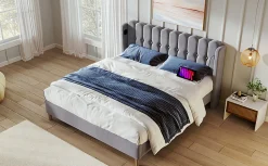 Redom Lit 180x200 cm avec rangement integre et tete de lit tapissee en lin gris, station de charge USB et Type C