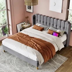 Redom Lit 180x200 cm avec rangement integre et tete de lit tapissee en lin gris, station de charge USB et Type C