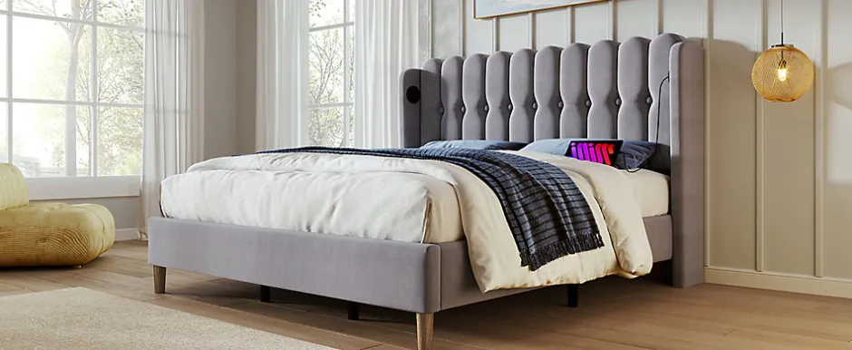 Redom Lit 180x200 cm avec rangement integre et tete de lit tapissee en lin gris, station de charge USB et Type C