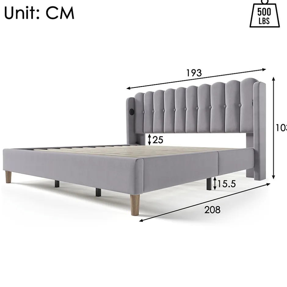 Redom Lit 180x200 cm avec rangement integre et tete de lit tapissee en lin gris, station de charge USB et Type C