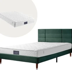 Redom Lit 140x200 cm avec rangement sous-lit et tête de lit capitonnée en velours vert, cadre bois massif