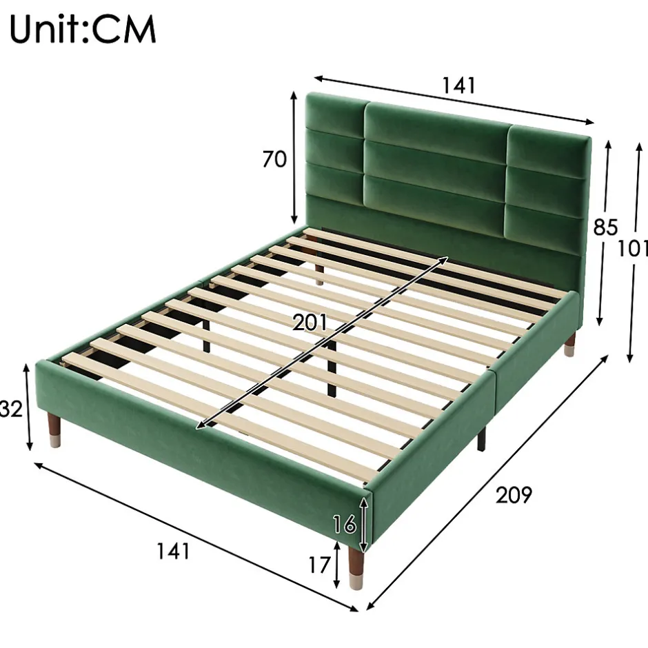 Redom Lit 140x200 cm avec rangement sous-lit et tête de lit capitonnée en velours vert, cadre bois massif