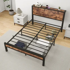 Redom Lit 140x200 cm avec rangement sous-lit 27 cm, cadre métal et MDF, coloris brun antique, silencieux Clearance