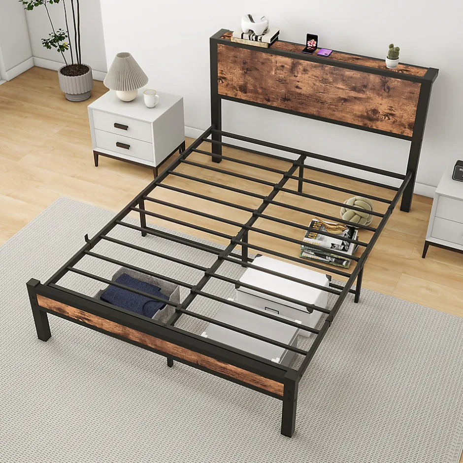 Redom Lit 140x200 cm avec rangement sous-lit 27 cm, cadre métal et MDF, coloris brun antique, silencieux Clearance