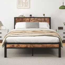 Redom Lit 140x200 cm avec rangement sous-lit 27 cm, cadre métal et MDF, coloris brun antique, silencieux Clearance