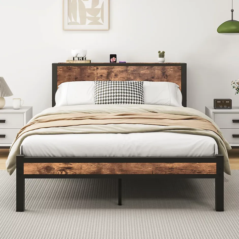 Redom Lit 140x200 cm avec rangement sous-lit 27 cm, cadre métal et MDF, coloris brun antique, silencieux Clearance