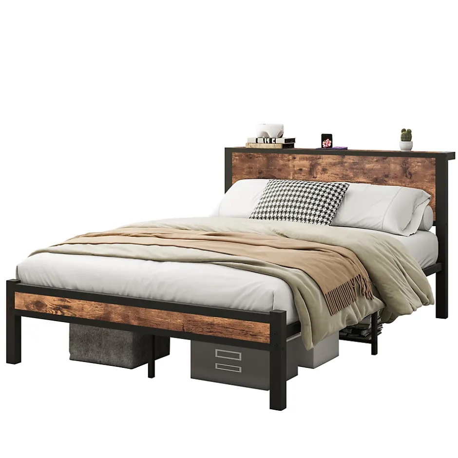 Redom Lit 140x200 cm avec rangement sous-lit 27 cm, cadre métal et MDF, coloris brun antique, silencieux Clearance