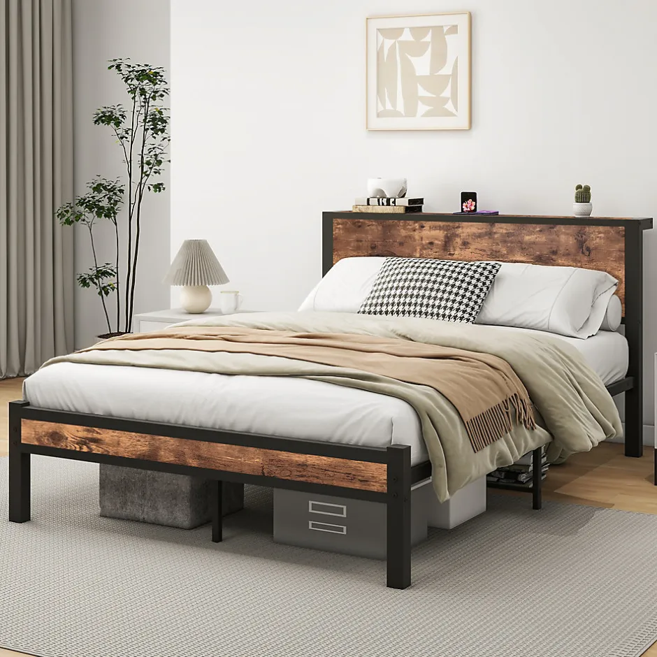 Redom Lit 140x200 cm avec rangement sous-lit 27 cm, cadre métal et MDF, coloris brun antique, silencieux Clearance