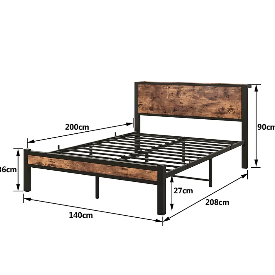 Redom Lit 140x200 cm avec rangement sous-lit 27 cm, cadre métal et MDF, coloris brun antique, silencieux Clearance