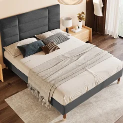 Redom Lit 140x200 cm avec rangement sous-lit et tête de lit rembourrée en lin gris, cadre bois massif