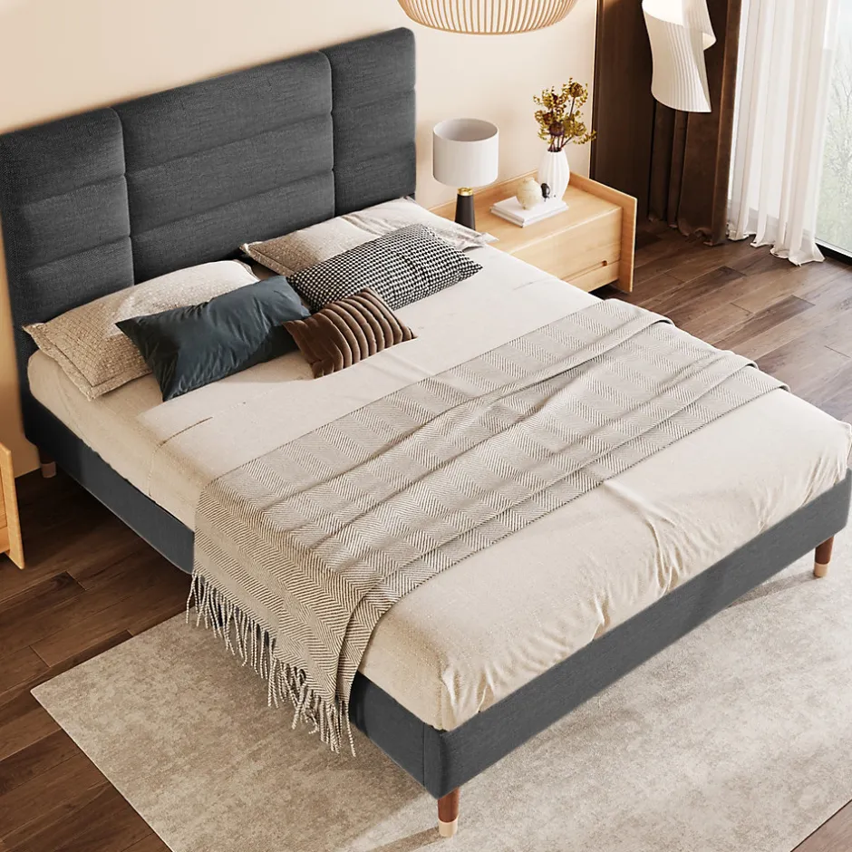 Redom Lit 140x200 cm avec rangement sous-lit et tête de lit rembourrée en lin gris, cadre bois massif