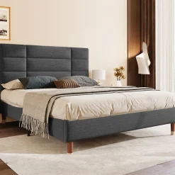 Redom Lit 140x200 cm avec rangement sous-lit et tête de lit rembourrée en lin gris, cadre bois massif