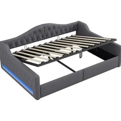 Redom Lit 140x200 cm avec rangement sous le cadre et éclairage LED, tapissé lin gris, cadre bois robuste