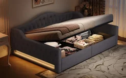 Redom Lit 140x200 cm avec rangement sous le cadre et éclairage LED, tapissé lin gris, cadre bois robuste