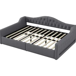 Redom Lit 140x200 cm avec rangement sous le cadre et éclairage LED, tapissé lin gris, cadre bois robuste
