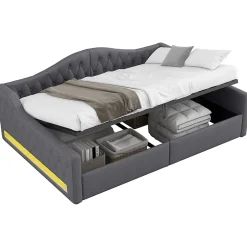 Redom Lit 140x200 cm avec rangement sous le cadre et éclairage LED, tapissé lin gris, cadre bois robuste