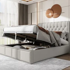 Redom Lit 140x190 cm avec rangement (sommier inclus) et tête de lit rembourrée en lin gris minimaliste européen Best