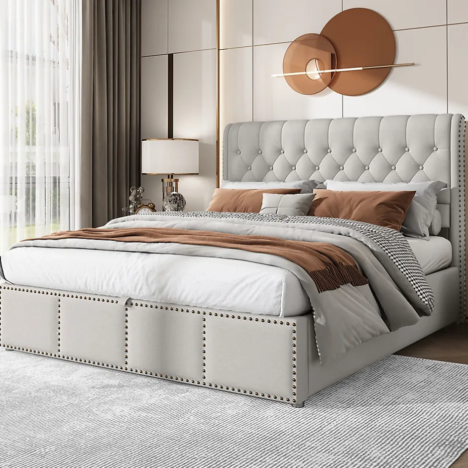 Redom Lit 140x190 cm avec rangement (sommier inclus) et tête de lit rembourrée en lin gris minimaliste européen Best
