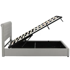 Redom Lit 140x190 cm avec rangement (sommier inclus) et tête de lit rembourrée en lin gris minimaliste européen Best