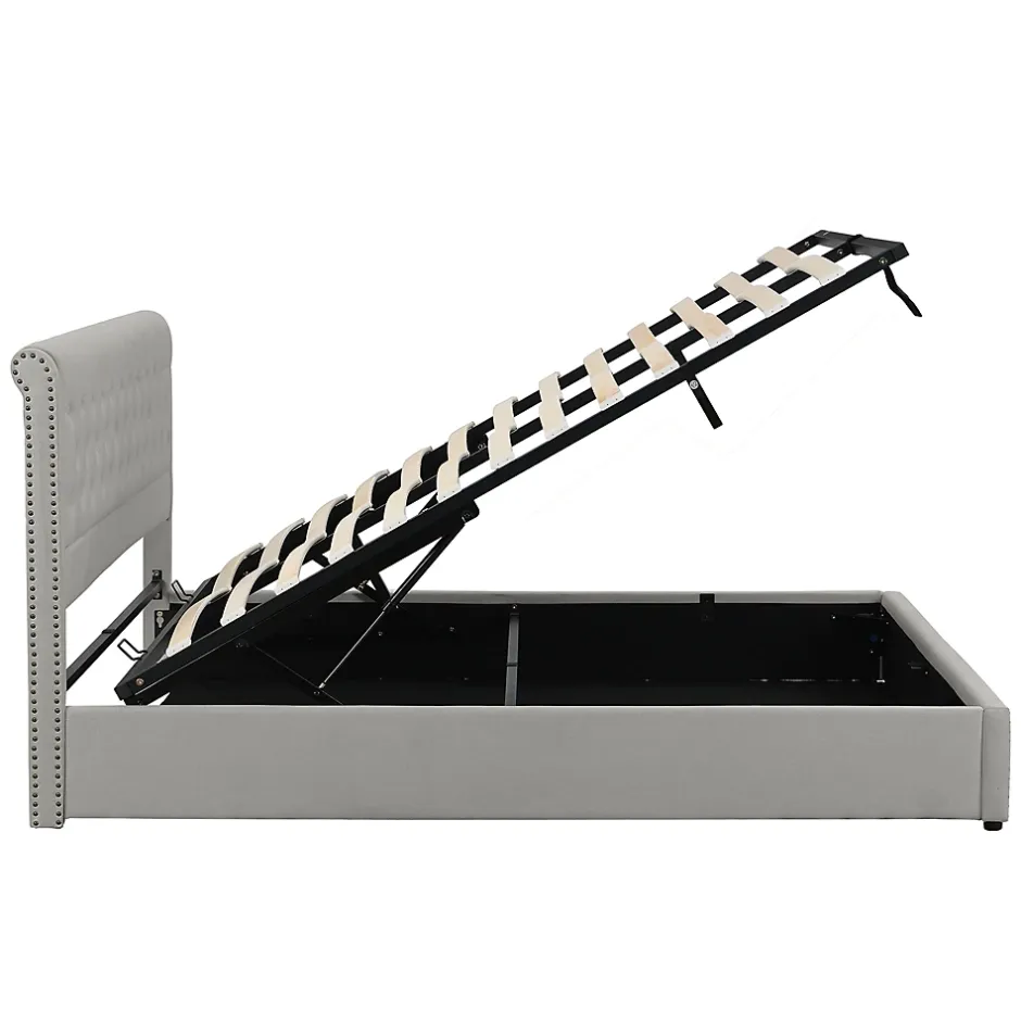 Redom Lit 140x190 cm avec rangement (sommier inclus) et tête de lit rembourrée en lin gris minimaliste européen Best