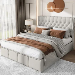 Redom Lit 140x190 cm avec rangement (sommier inclus) et tête de lit rembourrée en lin gris minimaliste européen Best