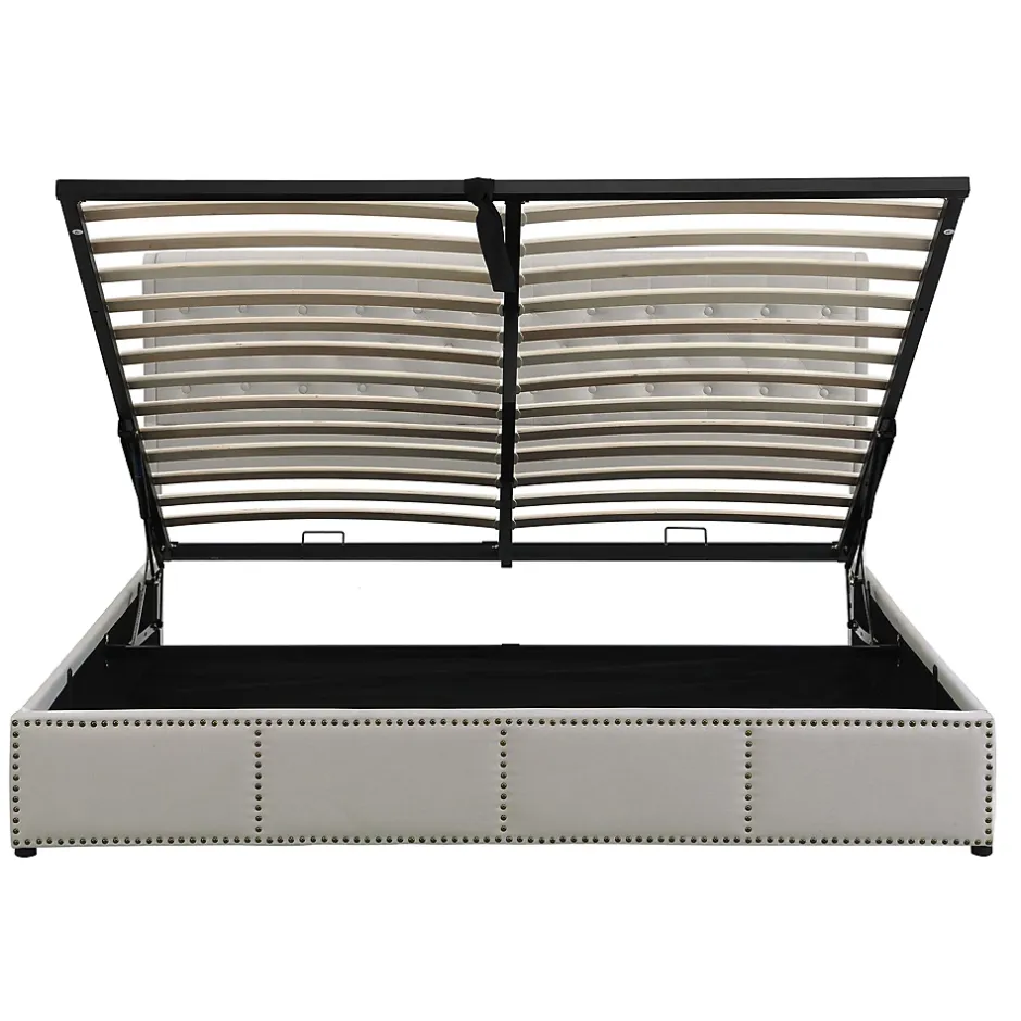 Redom Lit 140x190 cm avec rangement (sommier inclus) et tête de lit rembourrée en lin gris minimaliste européen Best